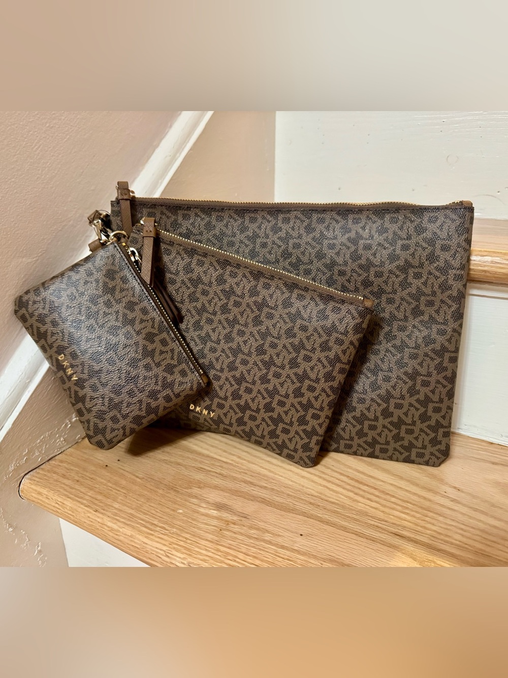 NWT DKNY Vela Triple Pouch Set Brown Logo Monogram Travel Cosmetic Bags 3 piece